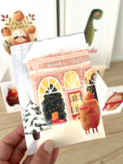 Card - A Festive Bookstore in the Snow